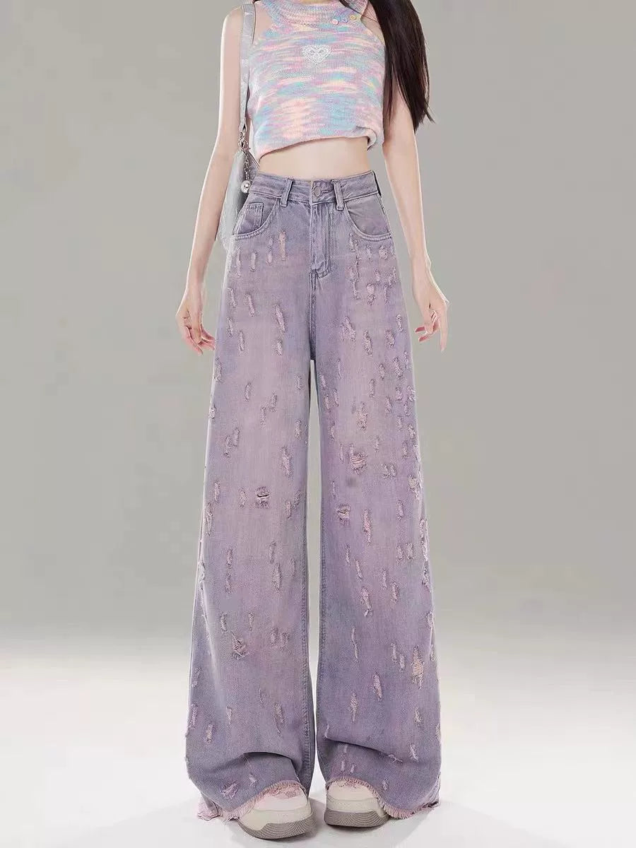 Pink-Purple High-Waisted Wide-Leg Jeans for Women, 2025 Summer New Style, Ripped with Frayed Edges, Drapey Floor-Length Pants