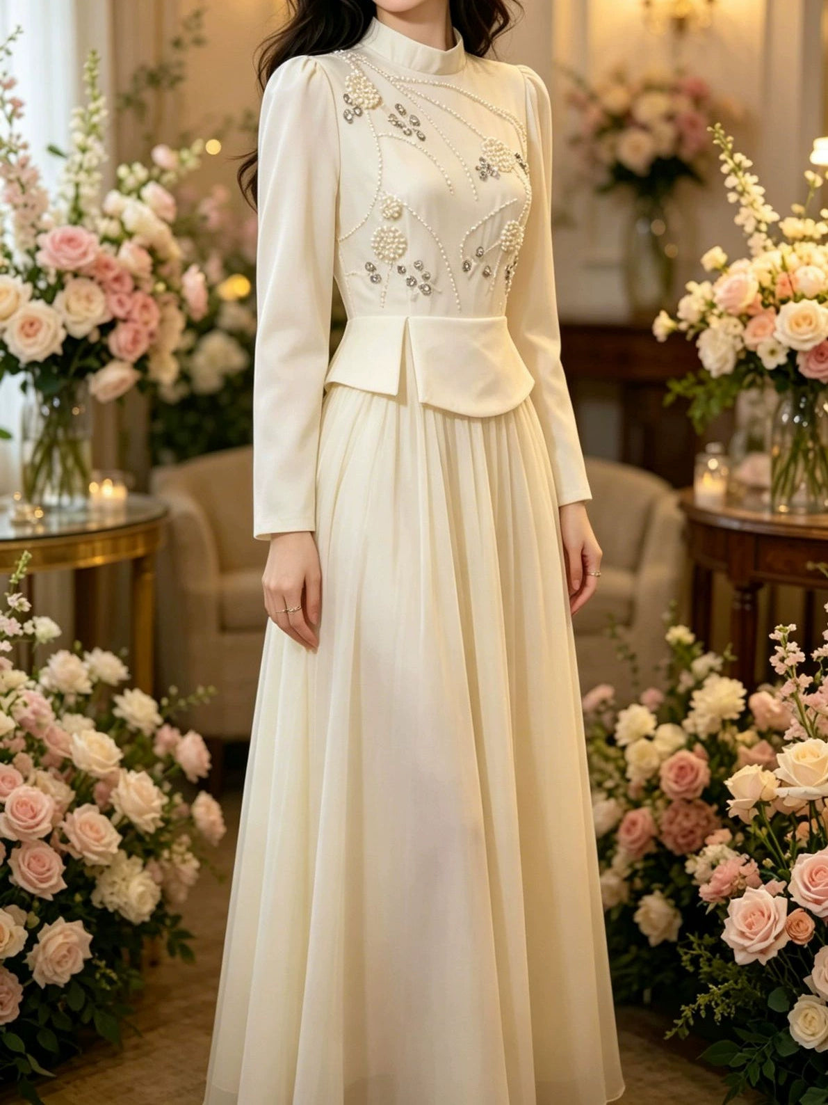 Spring 2026 European and American Amazon Cross-Border Heavy-Duty Rhinestone and Pearl Long-Sleeve Chiffon Dress
