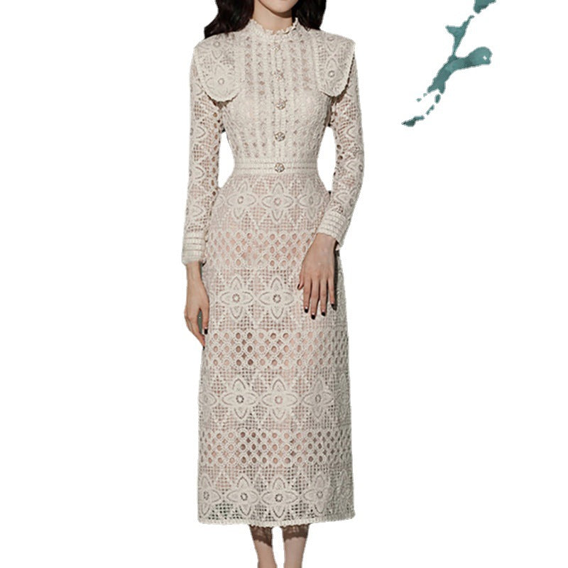 Vietnamese Niche Autumn and Winter Dress 2026 New Style Elegant Long-Sleeve Waist-Cinching Hollow-Out Design Lace Long Dress 9884