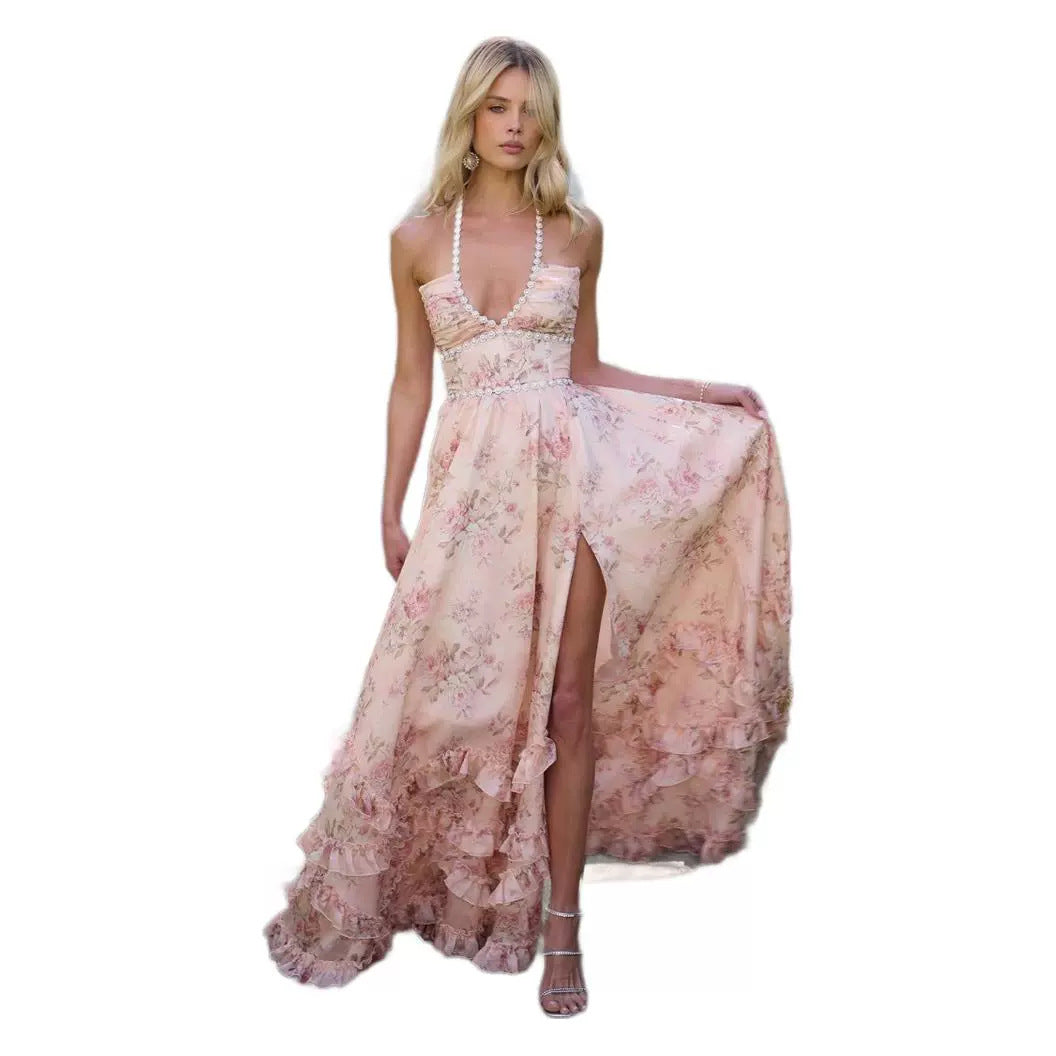 Amazon Spring and Summer Explosions Foreign Trade Women's Elegant Elegant dress Printed Slim-fit Large Swing Holiday Sling Long Dress