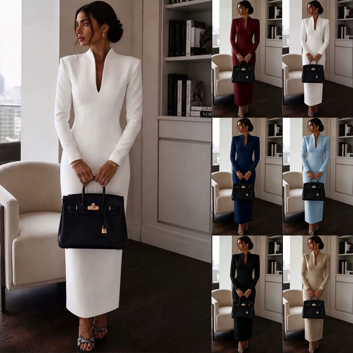 2026 Amazon Independent Station Cross-Border Stand Collar V-Neck Long Sleeve Waist-Cinching Bodycon Dress Gown Light Luxury