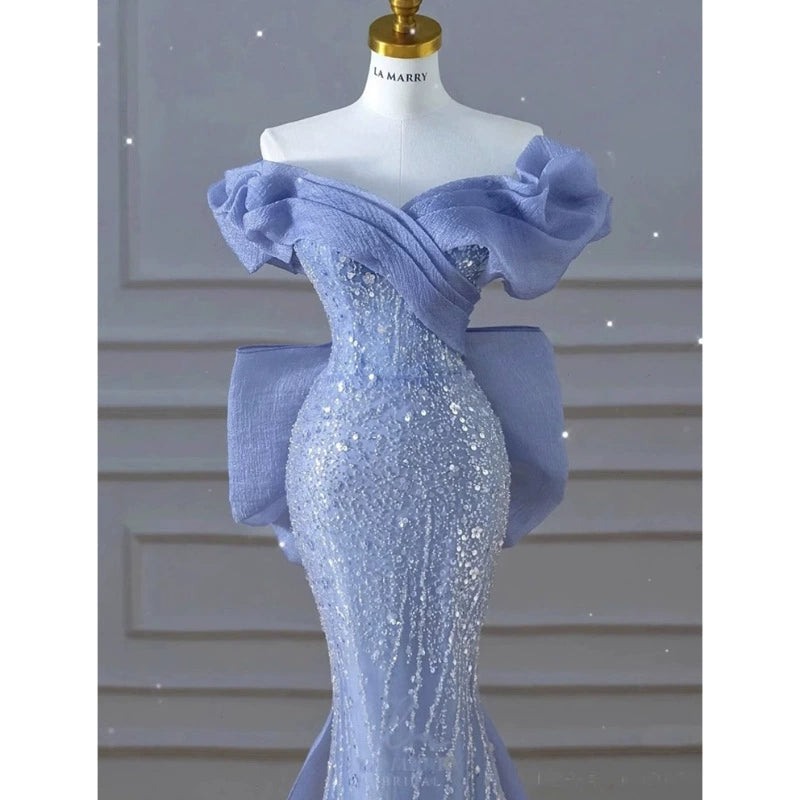 off-shoulder blue evening gown high-end light luxury niche fishtail sequins annual meeting host high-end sense tail vocal music