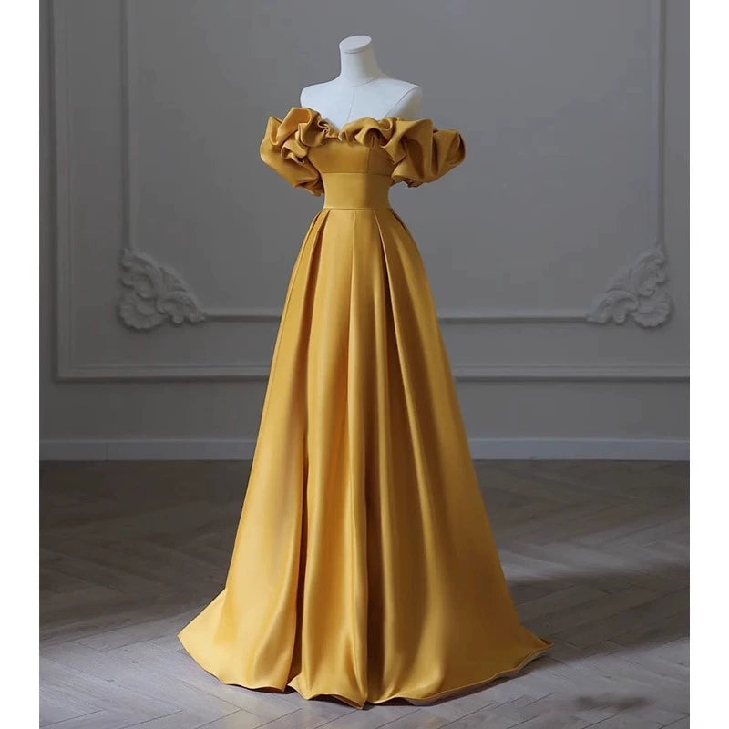 off-shoulder banquet evening dress dress women's satin yellow temperament light luxury niche high-end art test host dress