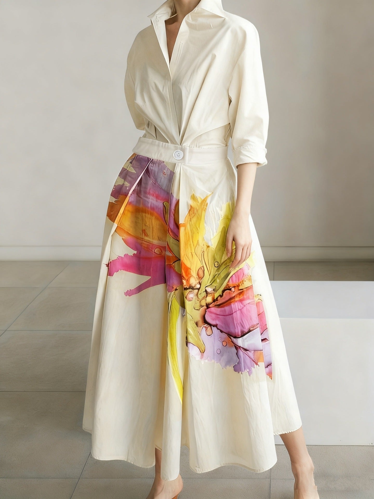 Korean-Style Niche Resort-Style Celebrity-Style Printed Long Dress, Cute and Trendy Outfit, Long-Sleeved Dress