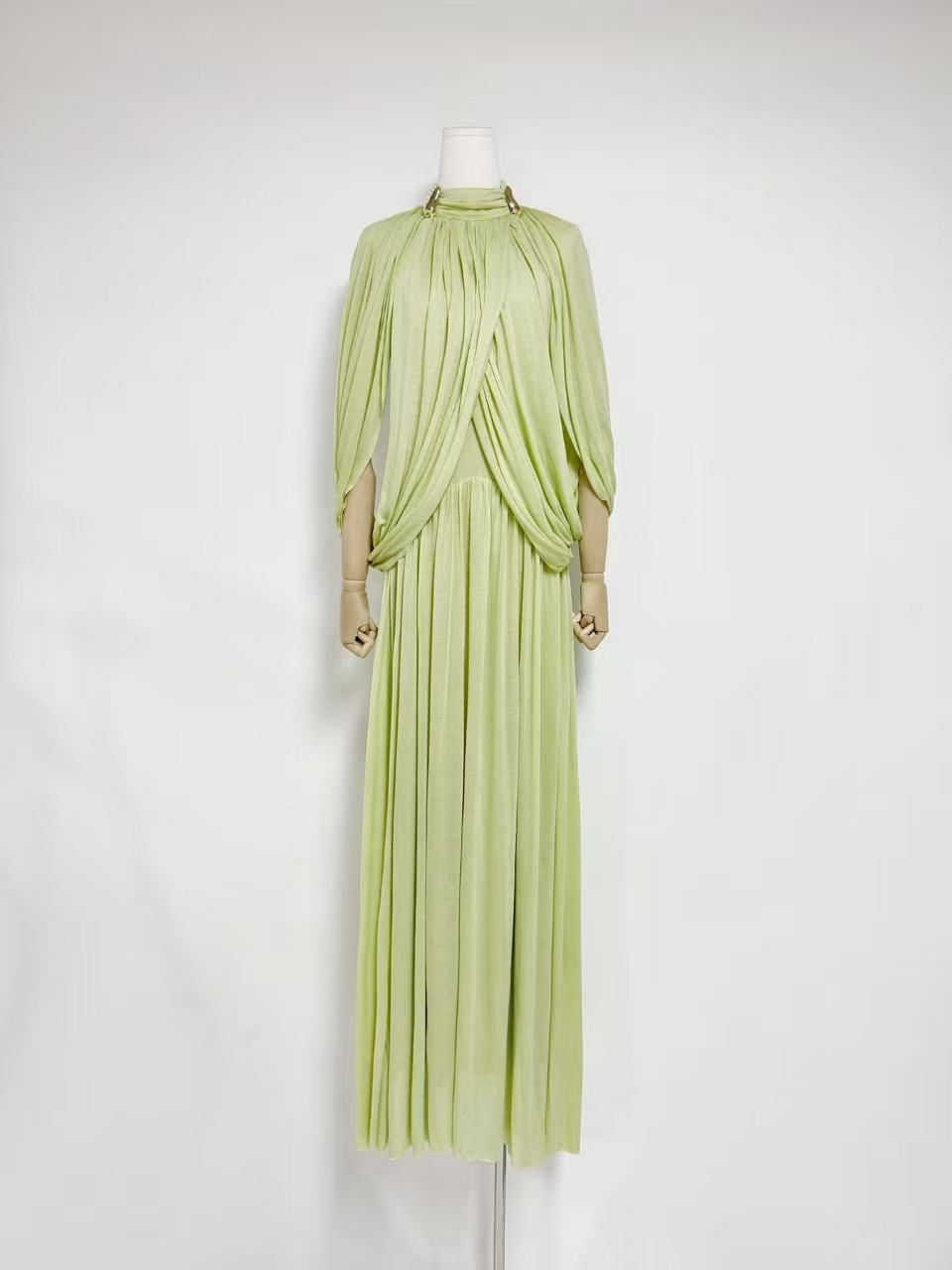 European and American Foreign Trade Cross-Border 2025 Autumn New Style Stand Collar Elegant Solid Color Pleated Knit Long Dress