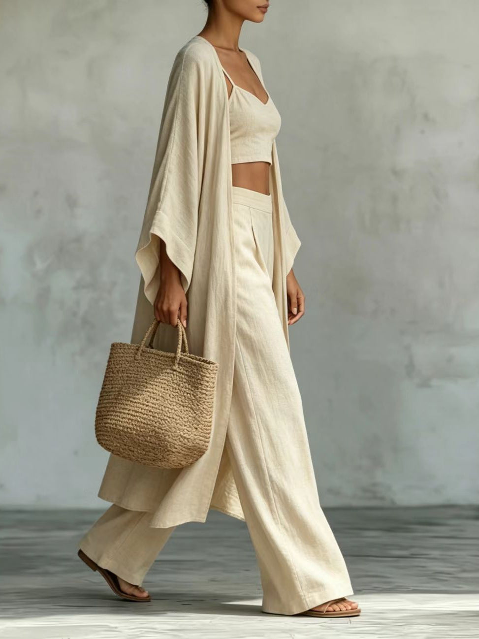 Enchanted Summer Elegance: Premium Cotton-Linen Three-Piece Set with Cardigan, Suspender Top, and Wide-Leg Trousers