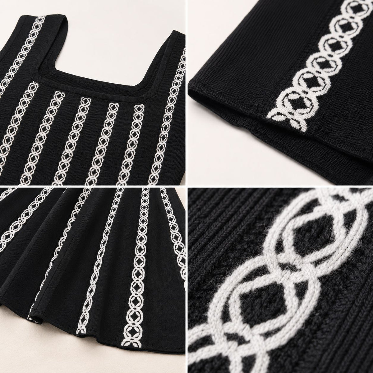 m家黑白链条条纹针织背心裙女amzon方领skater knit dress连衣裙