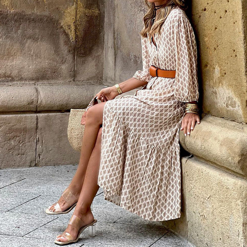 Fd1376 Spot 2025 Autumn and Winter New Cross-Border Fashion Belt Printed V Neck Simple Elegant Long Dress
