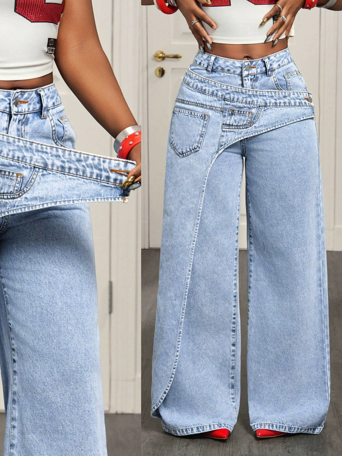 X-Spot Goods-66537 # Amazon Cross-Border European and American Versatile Casual Irregular Women's Wide-Leg Jeans Long Pants