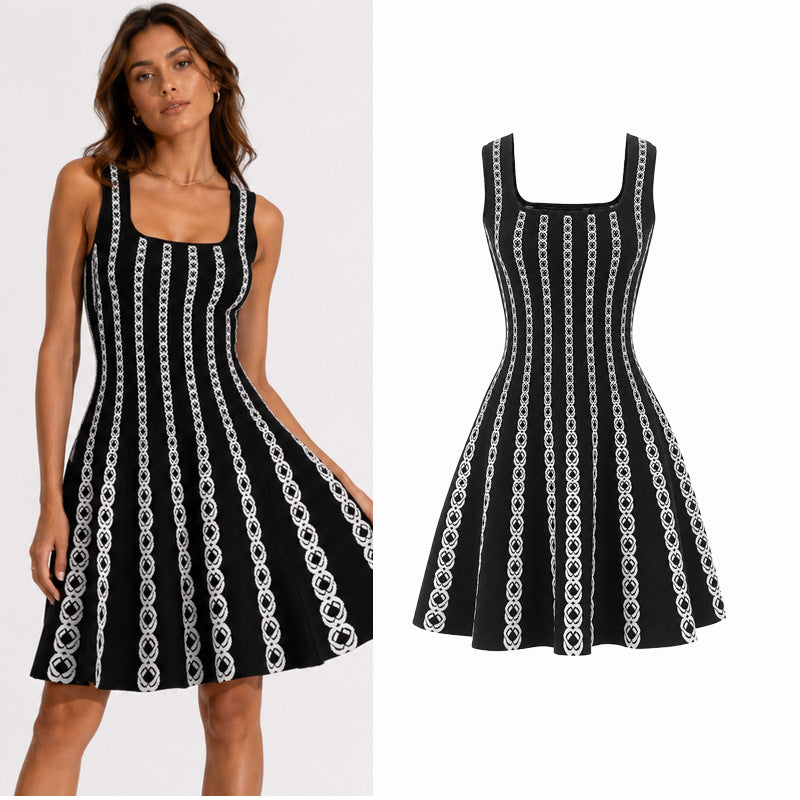 m家黑白链条条纹针织背心裙女amzon方领skater knit dress连衣裙