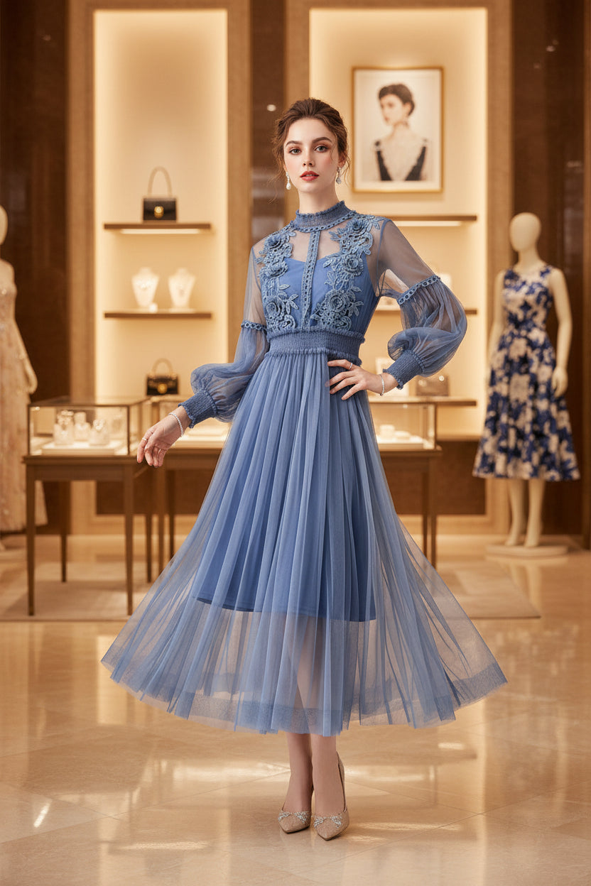 Lace Floral Mesh Skirt with Elegant Stand-Up Collar, Lantern Sleeves, High Waist, Slimming Spaghetti Strap Two-Piece Dress Set with a High-End Feel