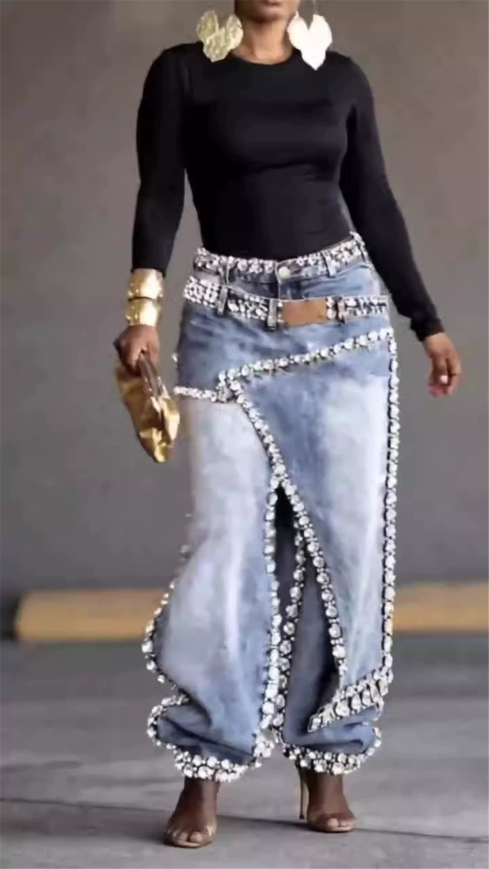 Fashionable and Unique High-Waisted Jeans 2026 New Style with Intricate Patchwork and Hand-Embellished Diamond Design, Straight Wide-Leg Pants for Women, Autumn