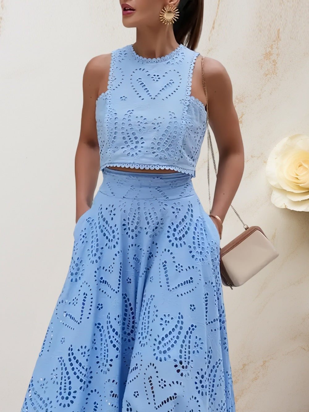 2025 Cross-border European and American Spring and Summer New Lace Women's Sleeveless Dress Pocket suit Casual Loose Two-piece Set