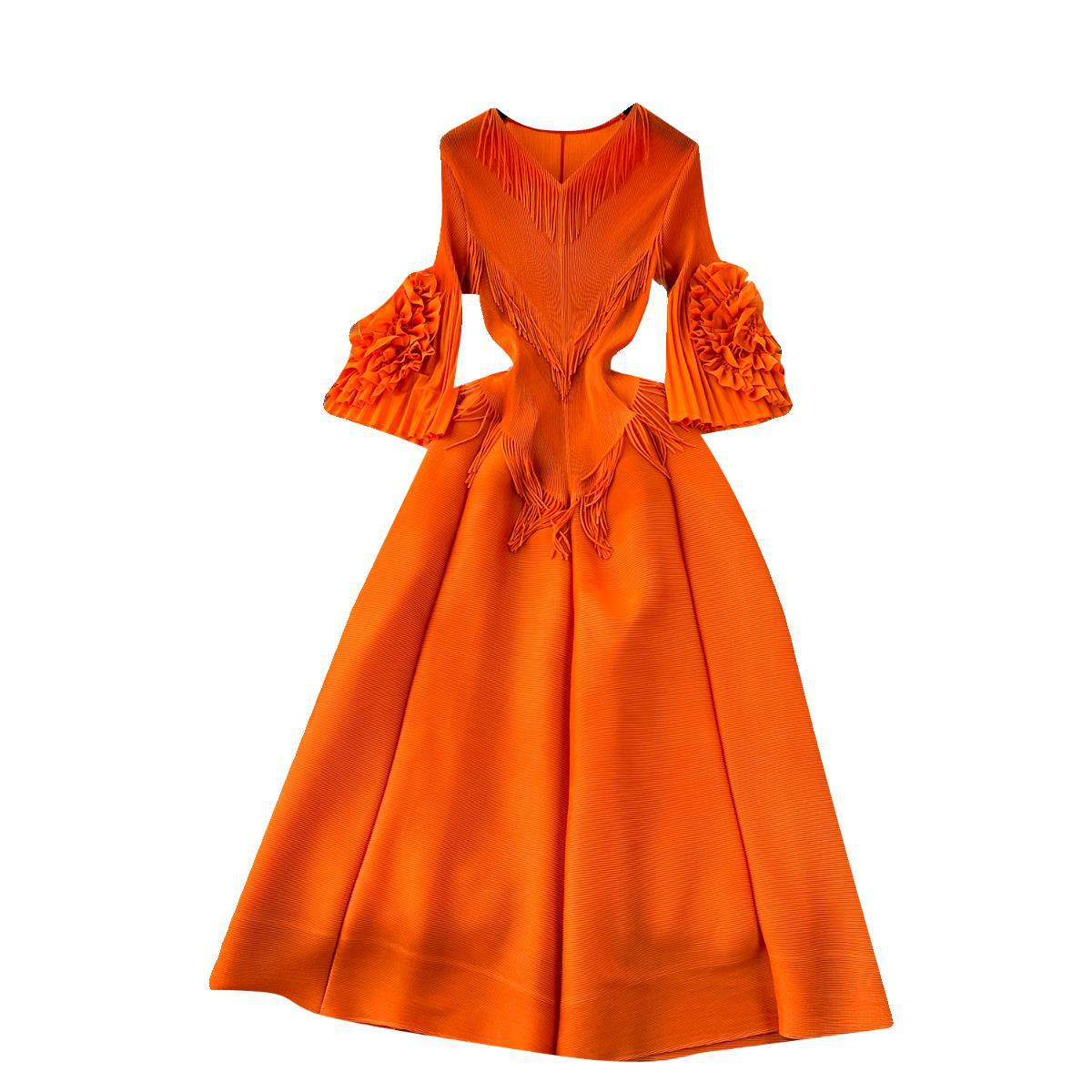 European style court style dress women's design tassel V-neck slim-fit long heavy-duty pleated bell sleeve dress women
