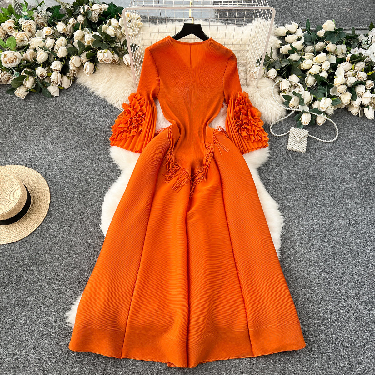 European style court style dress women's design tassel V-neck slim-fit long heavy-duty pleated bell sleeve dress women