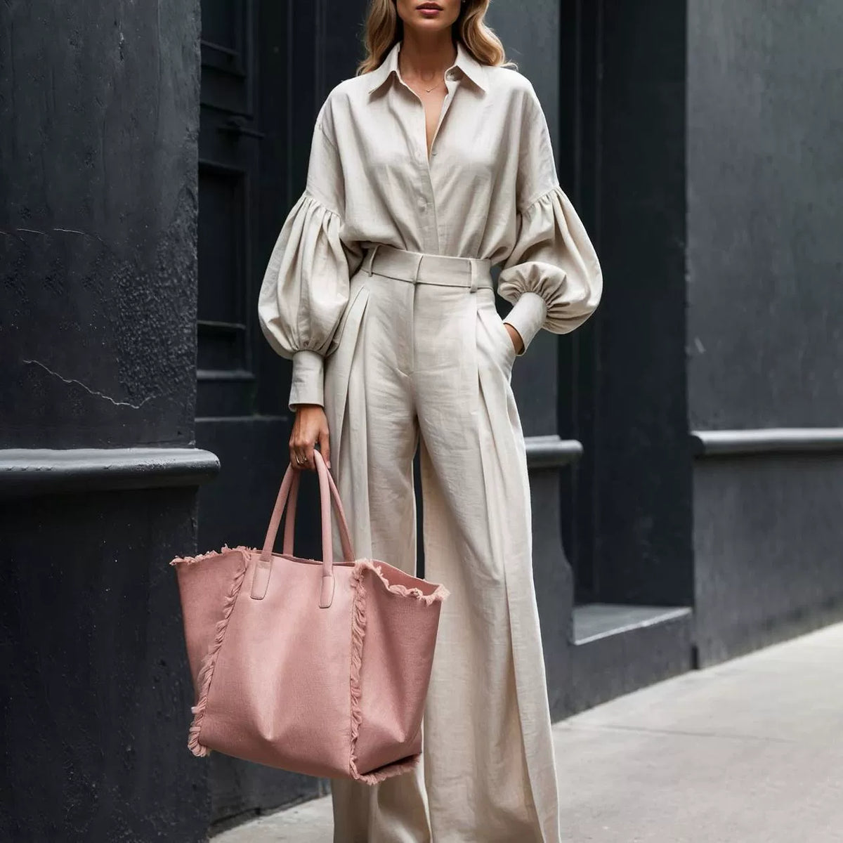 Fd2205 In-Stock 2025 Autumn New Cross-Border Solid Color Long Sleeve Shirt Wide-Leg Pants Fashion Cotton Linen Two-Piece Set