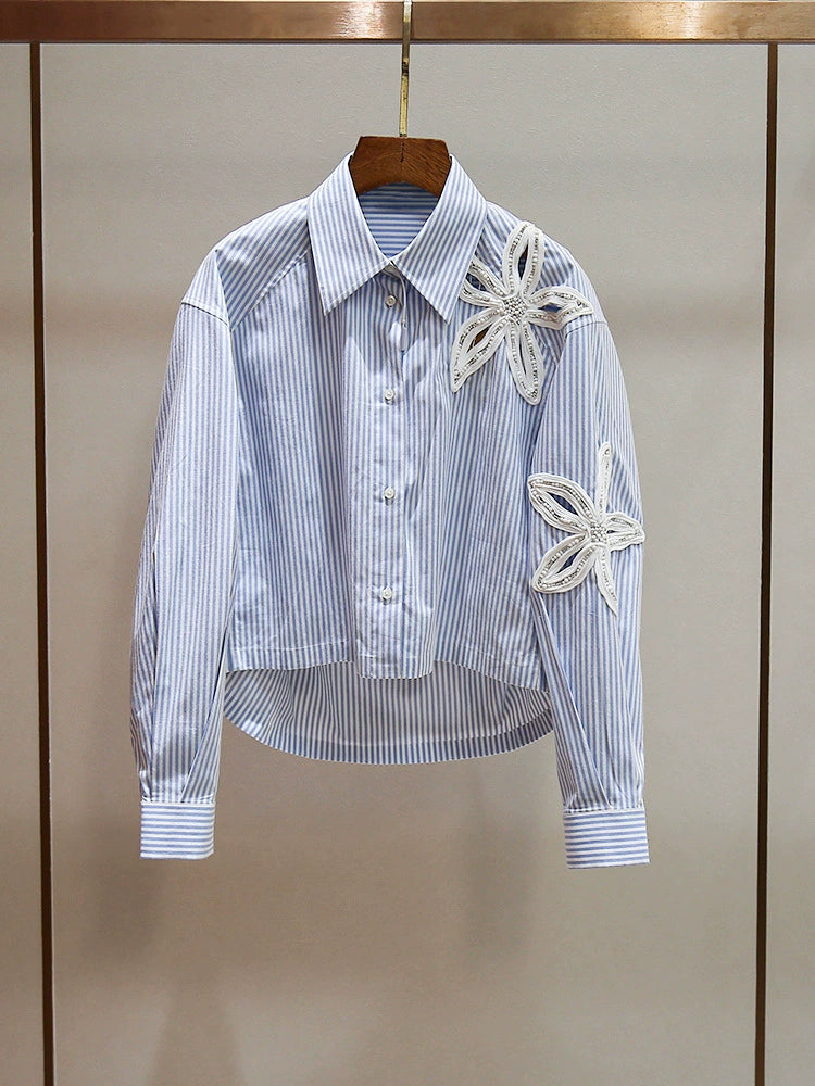 Shenzhen Nanyou High-End Women's Fashion Niche Design Beaded Hollow-Out Floral Irregular Striped Shirt Top for Women