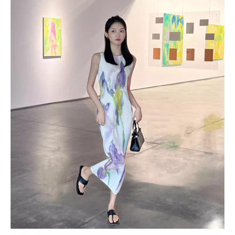 Miyake Dress, Pleated Skirt, Loose and Slimming Look, Ladylike Elegant, Sleeveless Round Neck, High-End Dress, Long Skirt