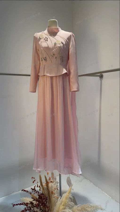 Spring 2026 European and American Amazon Cross-Border Heavy-Duty Rhinestone and Pearl Long-Sleeve Chiffon Dress