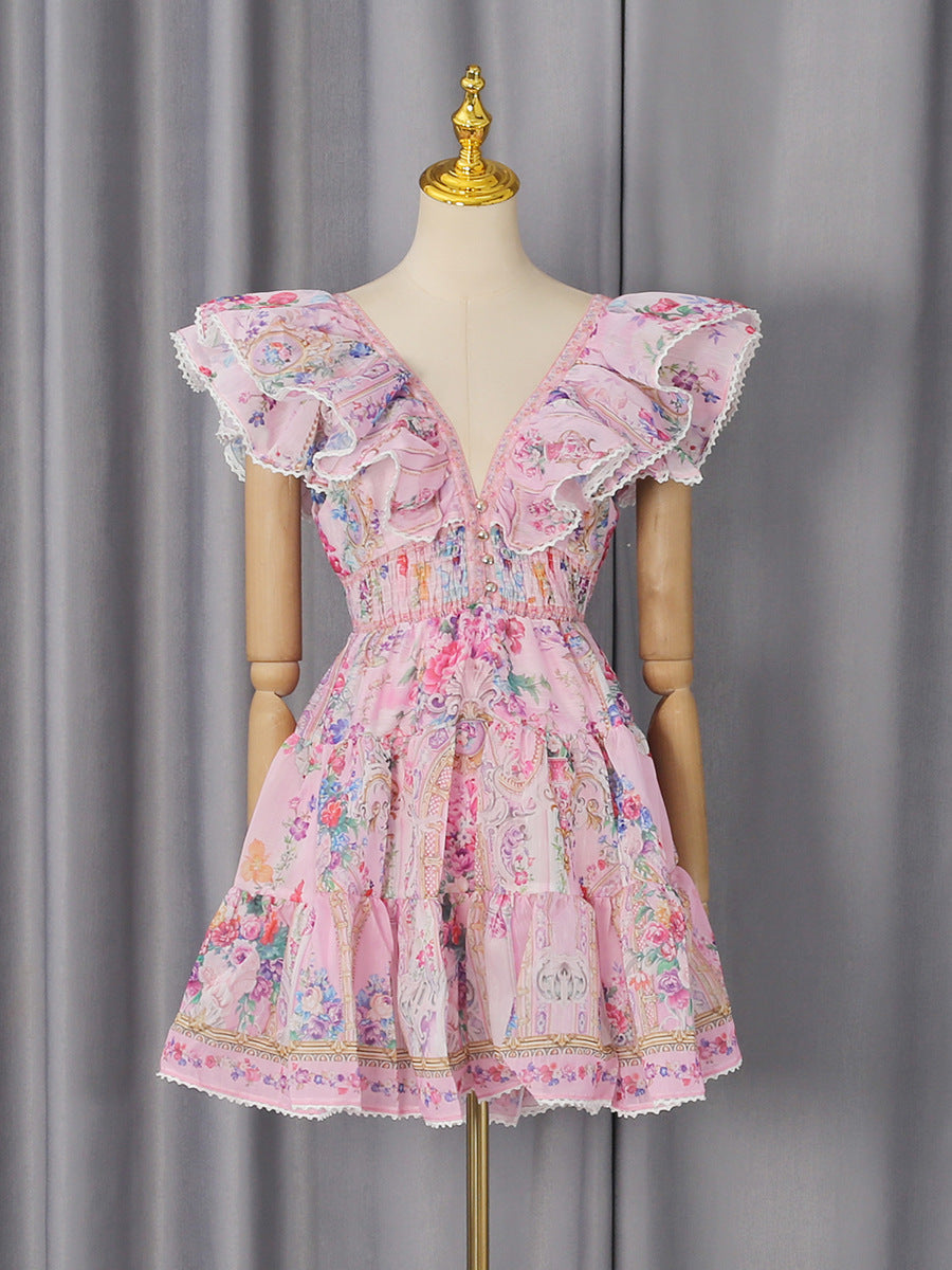 French-Style Elegant Flutter-Sleeve Short Dress 2026 Autumn New High-End Printed Patchwork Deep V-Neck Dress for Women