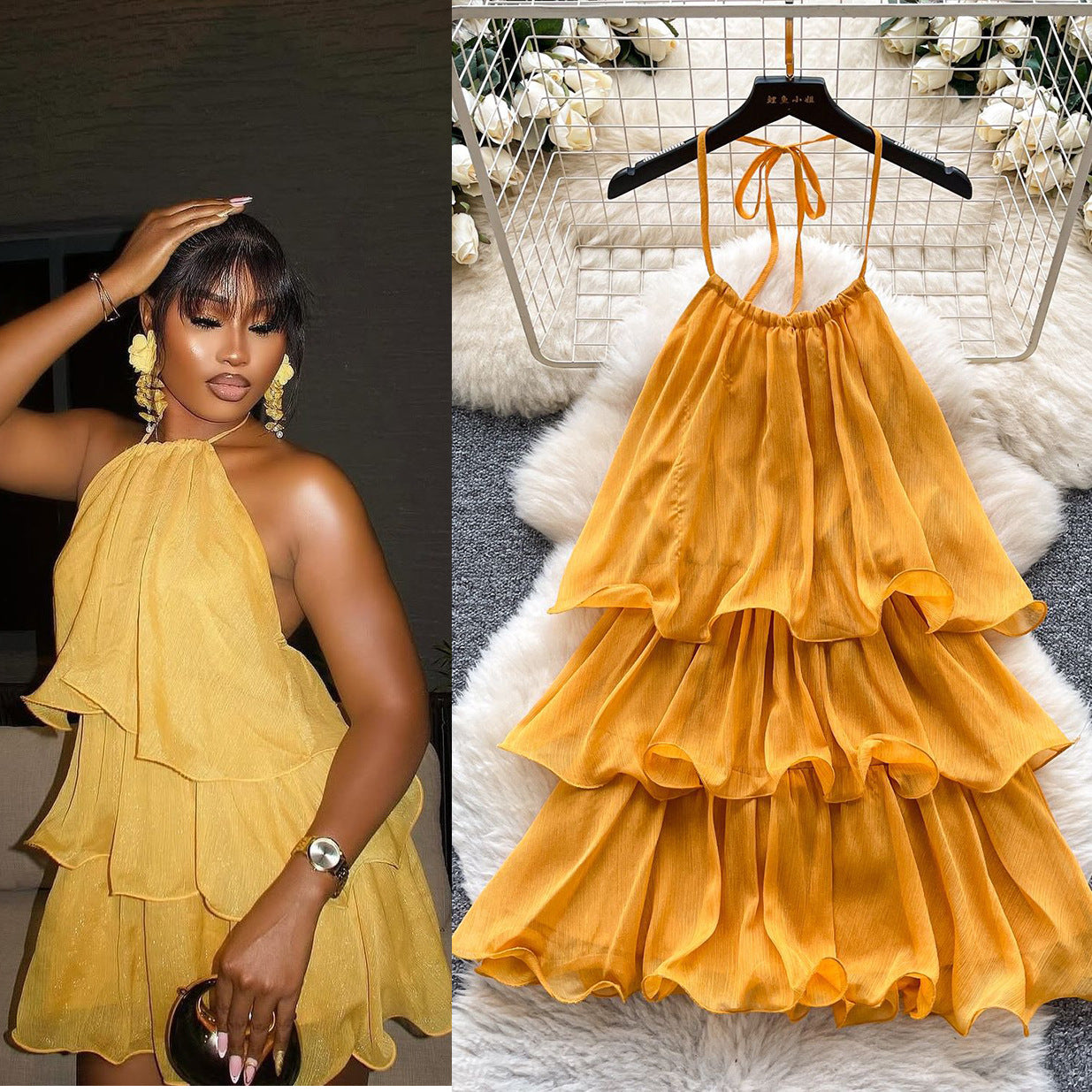 Yellow Dress for Women 2025 Summer French Atmosphere Halterneck Suspender Ruffle Stitching Cake Holiday Skirt