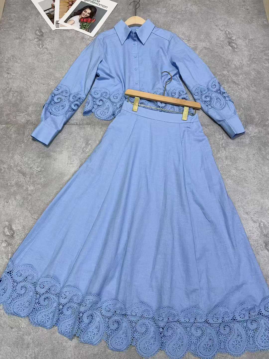 Long-Sleeved Shirt and High-Waisted Skirt Set, Spring and Autumn Solid Color Hollow-Out Patchwork, European and American Niche Designer Style, Elegant and Graceful