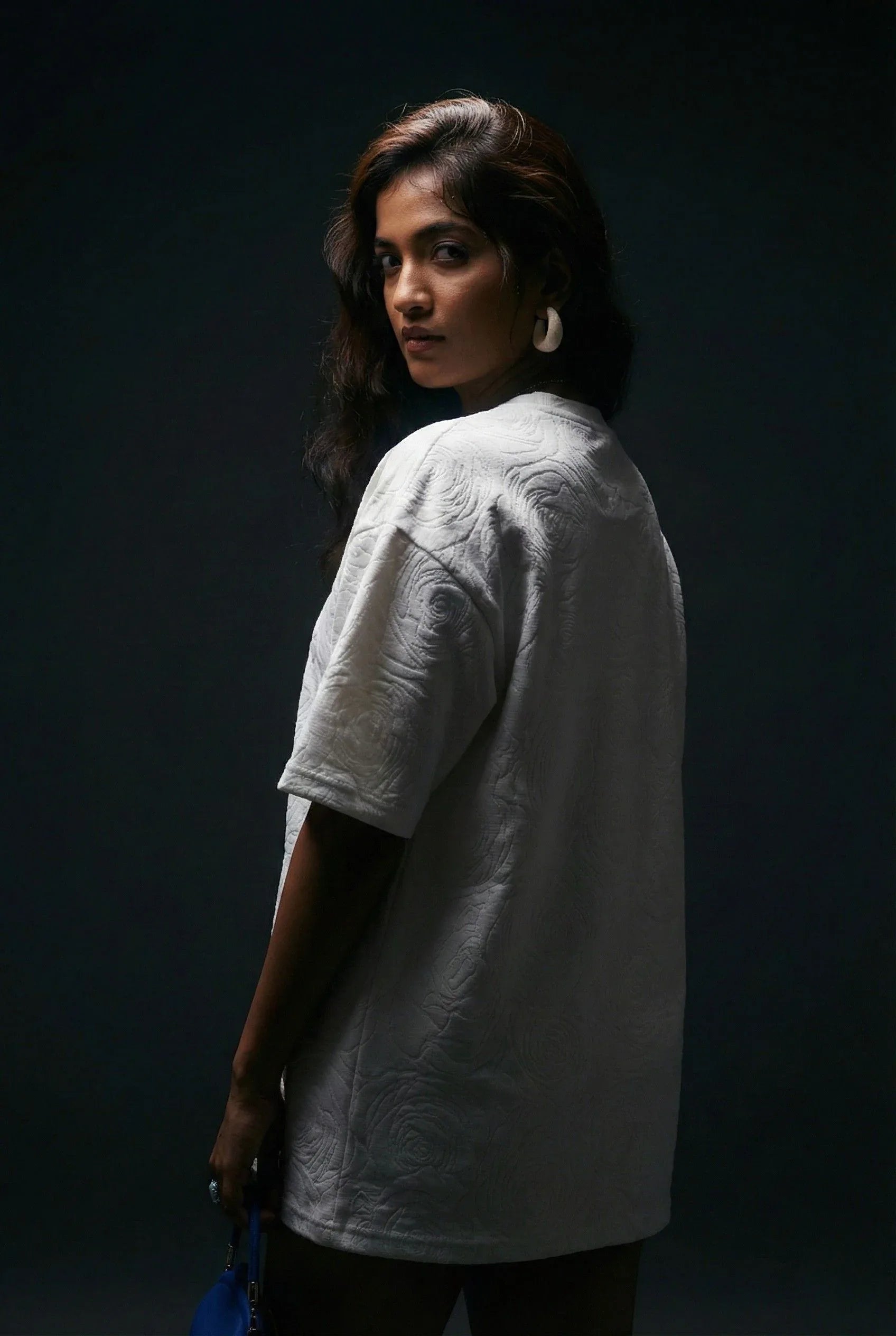 Rose White Embossed Drop Shoulder Tee
