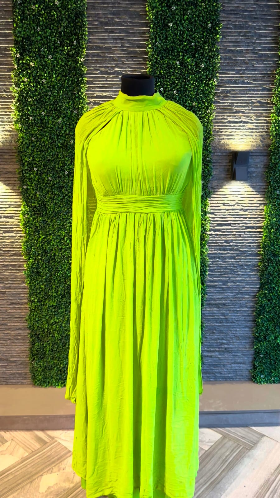 Chartreuse Mock Neck Ruched Maxi Dress