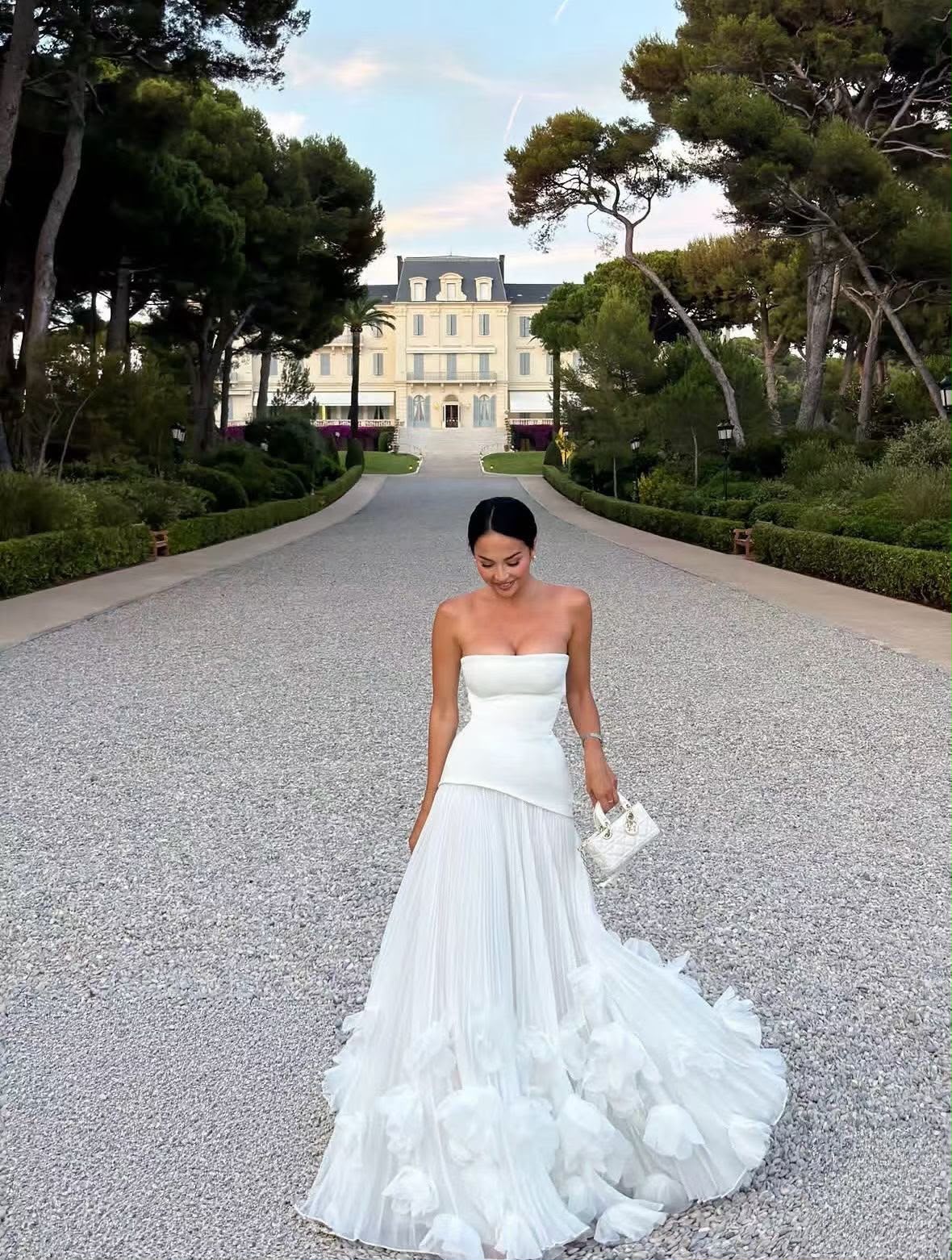 White Strapless Corset Gown with Ruffled Train