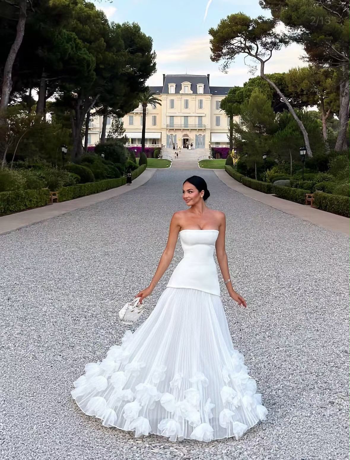 White Strapless Corset Gown with Ruffled Train