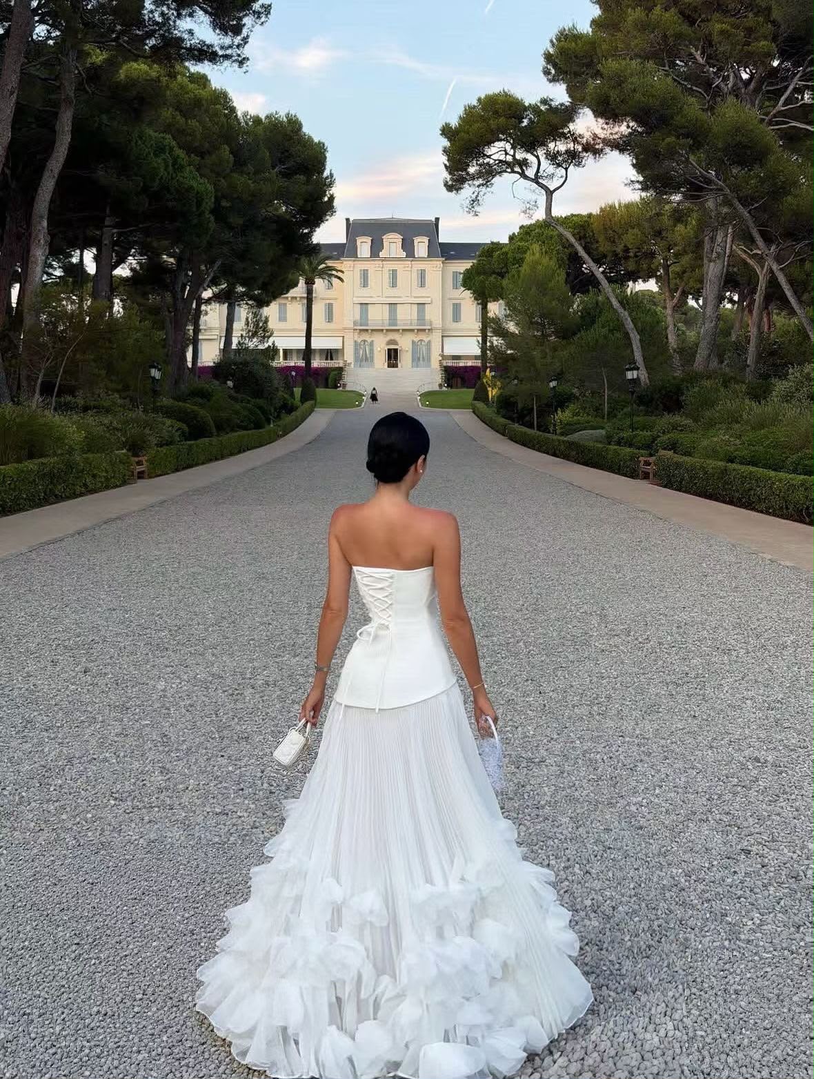 White Strapless Corset Gown with Ruffled Train
