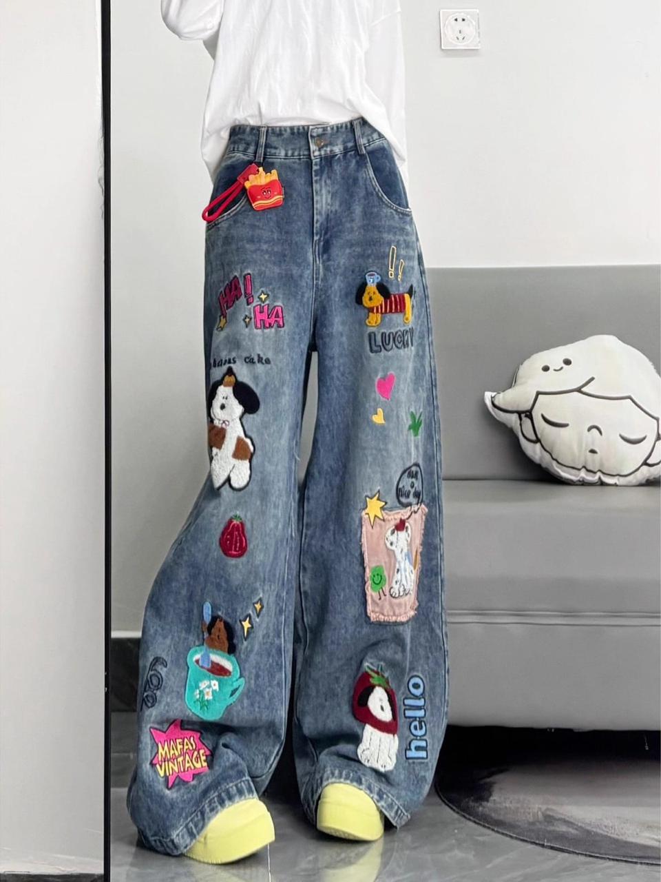 Cartoon Patch Wide Leg Jeans | Y2K Aesthetic Baggy Denim for Women