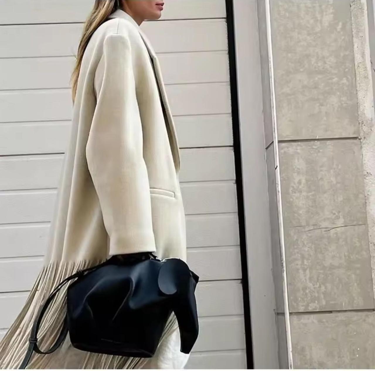 Ivory Fringe Hem Longline Coat | Luxury Tassel Coat for Women