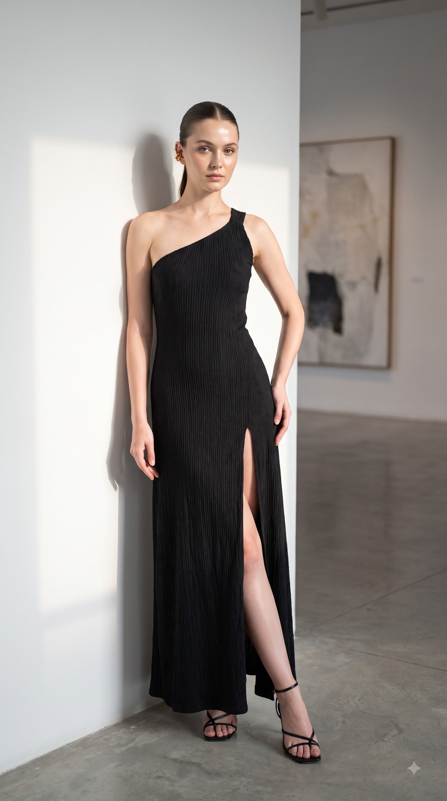 Black Plissé One-Shoulder Slit Maxi Dress