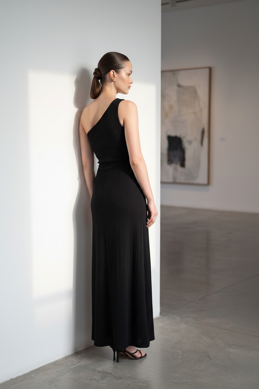 Black Plissé One-Shoulder Slit Maxi Dress