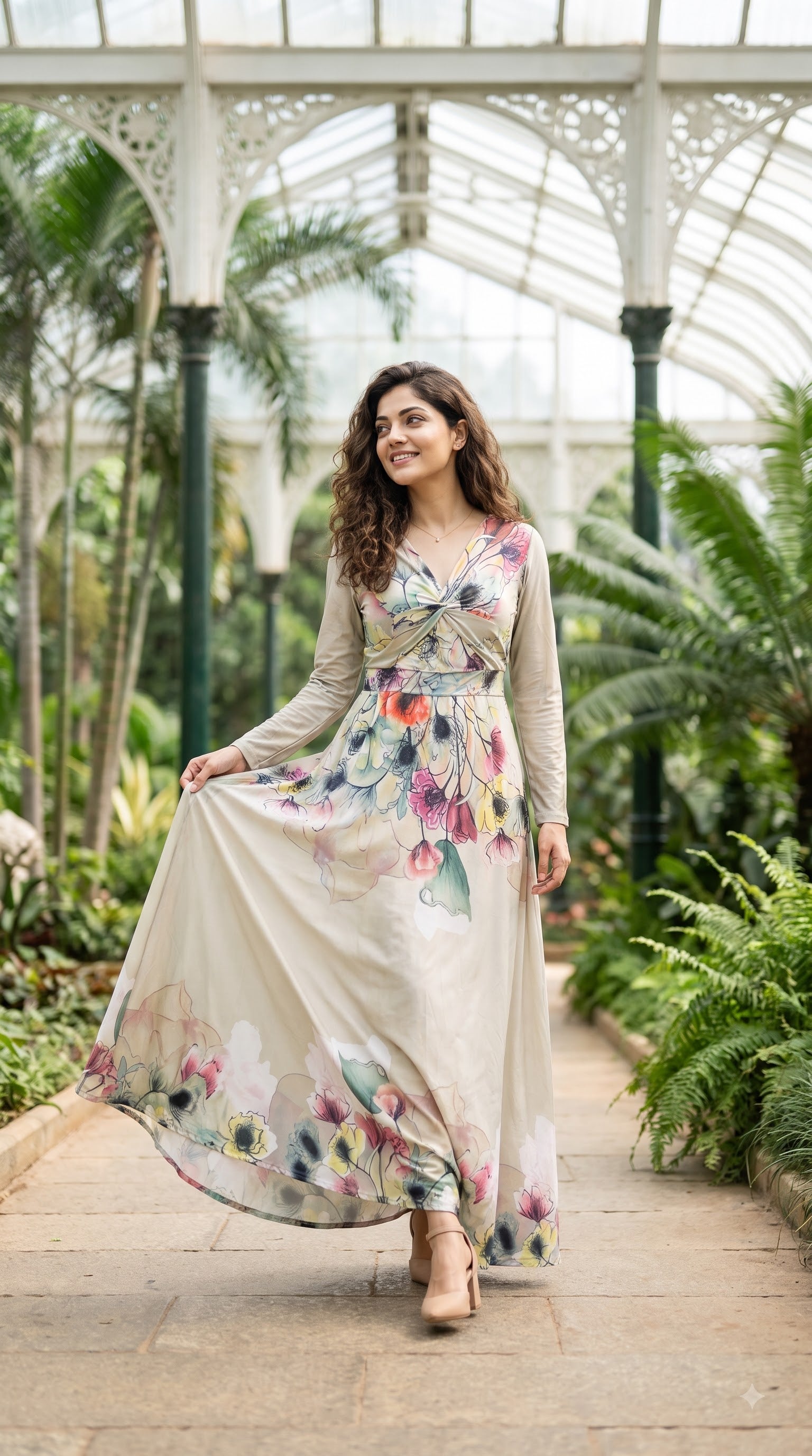Cream Floral Print Twist-Front Maxi Dress