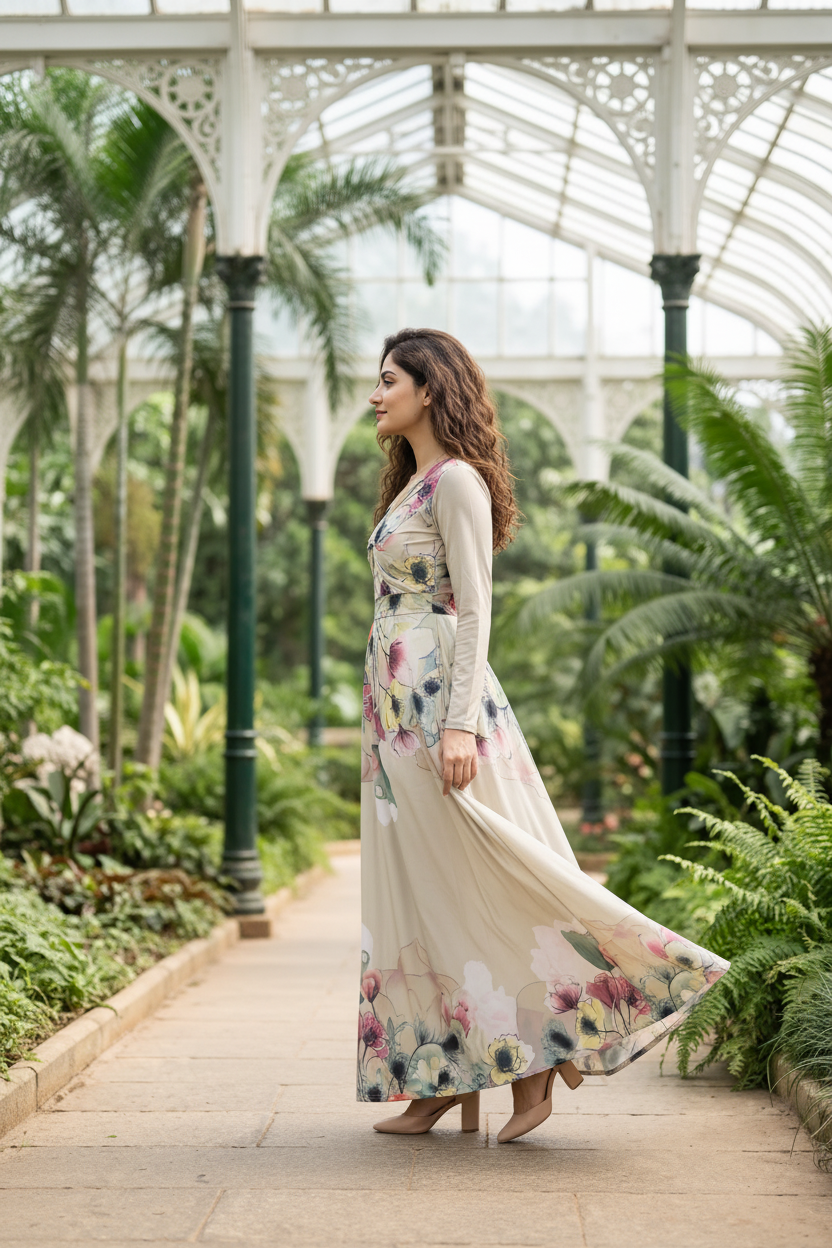 Cream Floral Print Twist-Front Maxi Dress