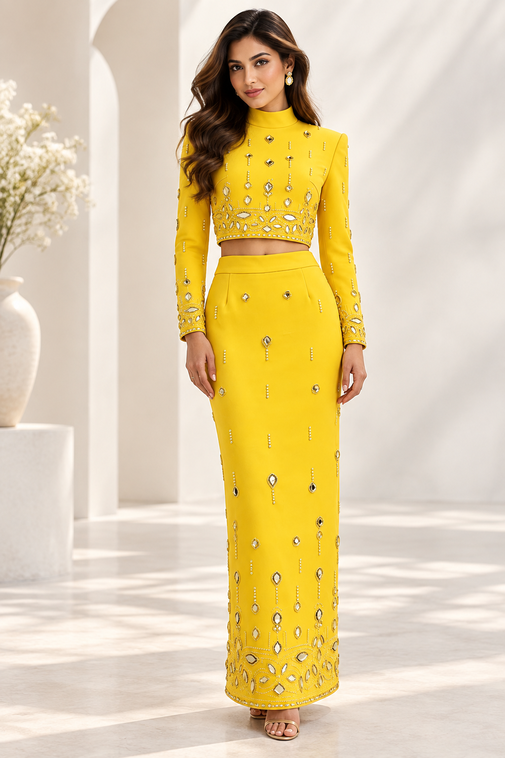 Women’s Crystal Embellished High-Neck Crop Top & Midi Skirt Co-Ord Set