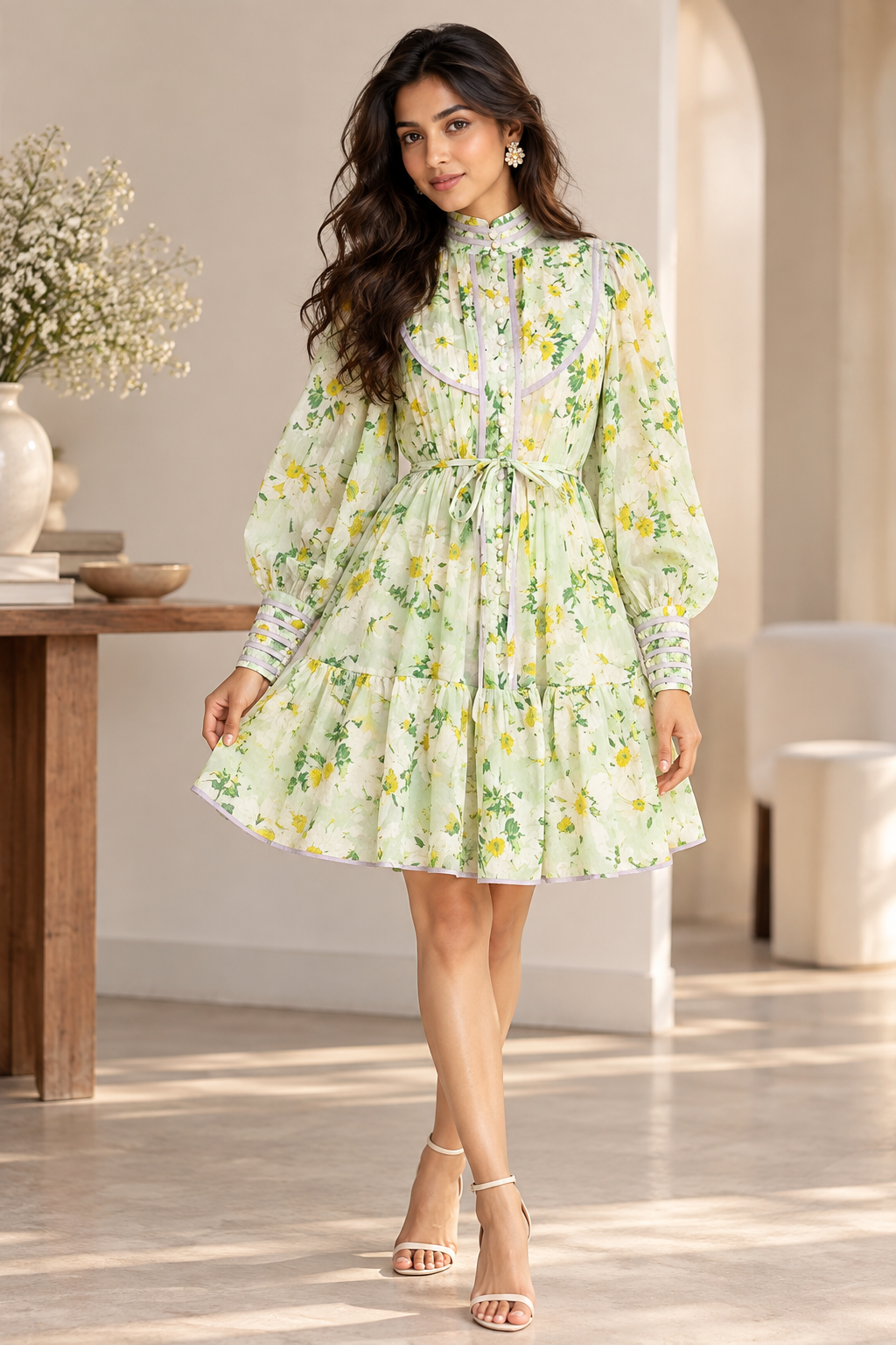 Women’s Floral Ruffle Tie-Waist Puff Sleeve Mini Dress