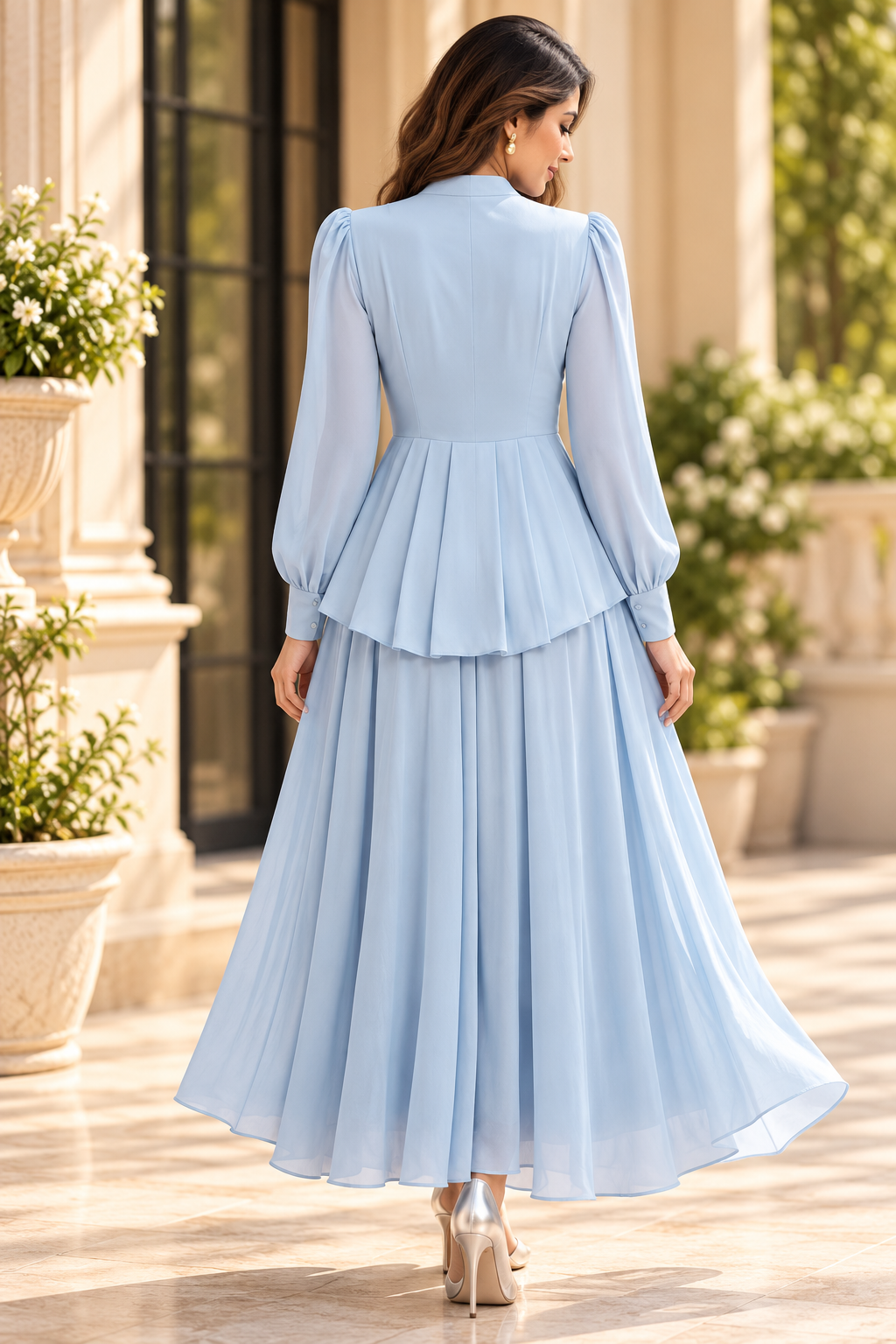 Women’s Powder Blue Embroidered Peplum Top & Pleated Maxi Skirt Co-Ord Set