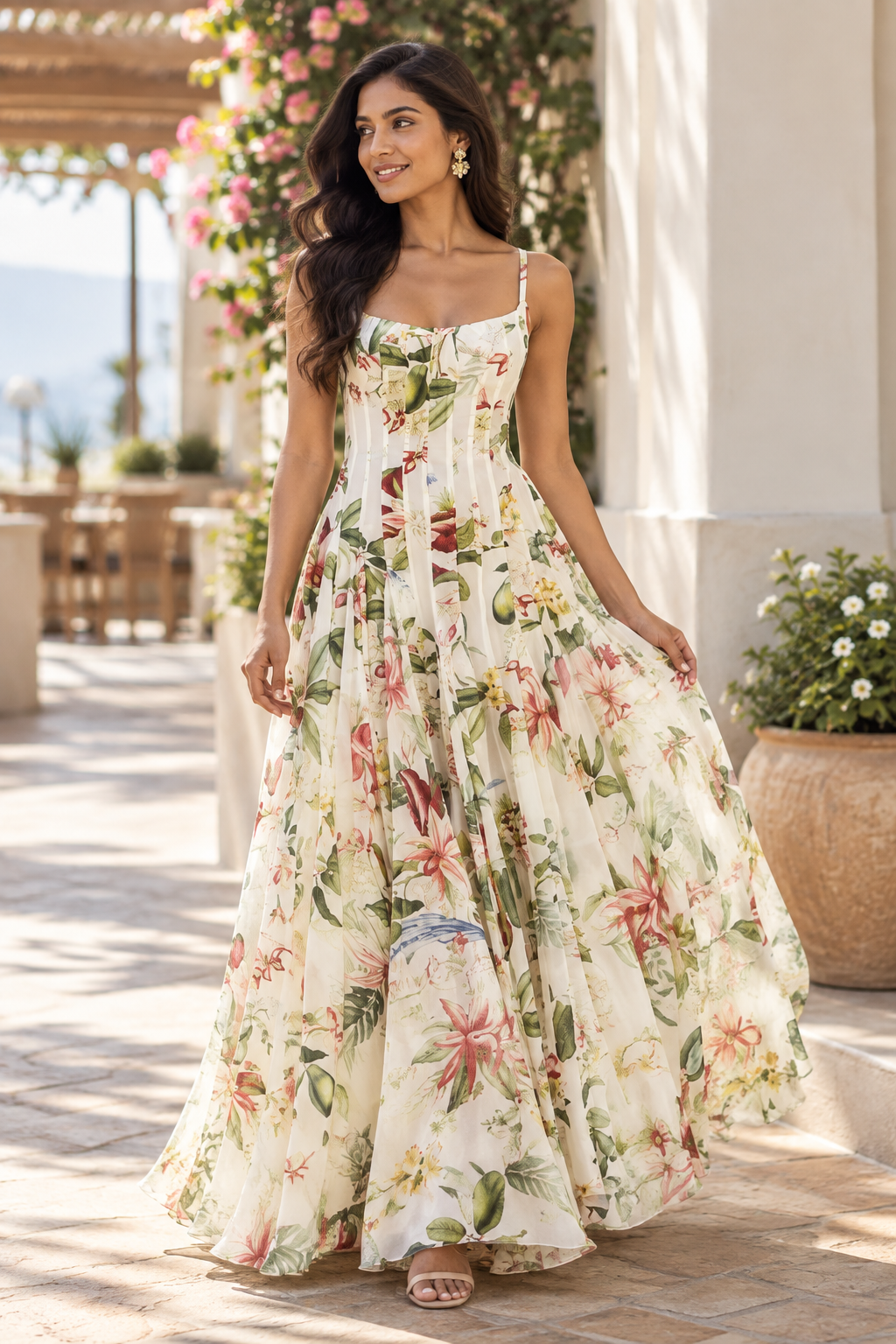 Women’s White Floral Print Ruched Waist A-Line Maxi Dress