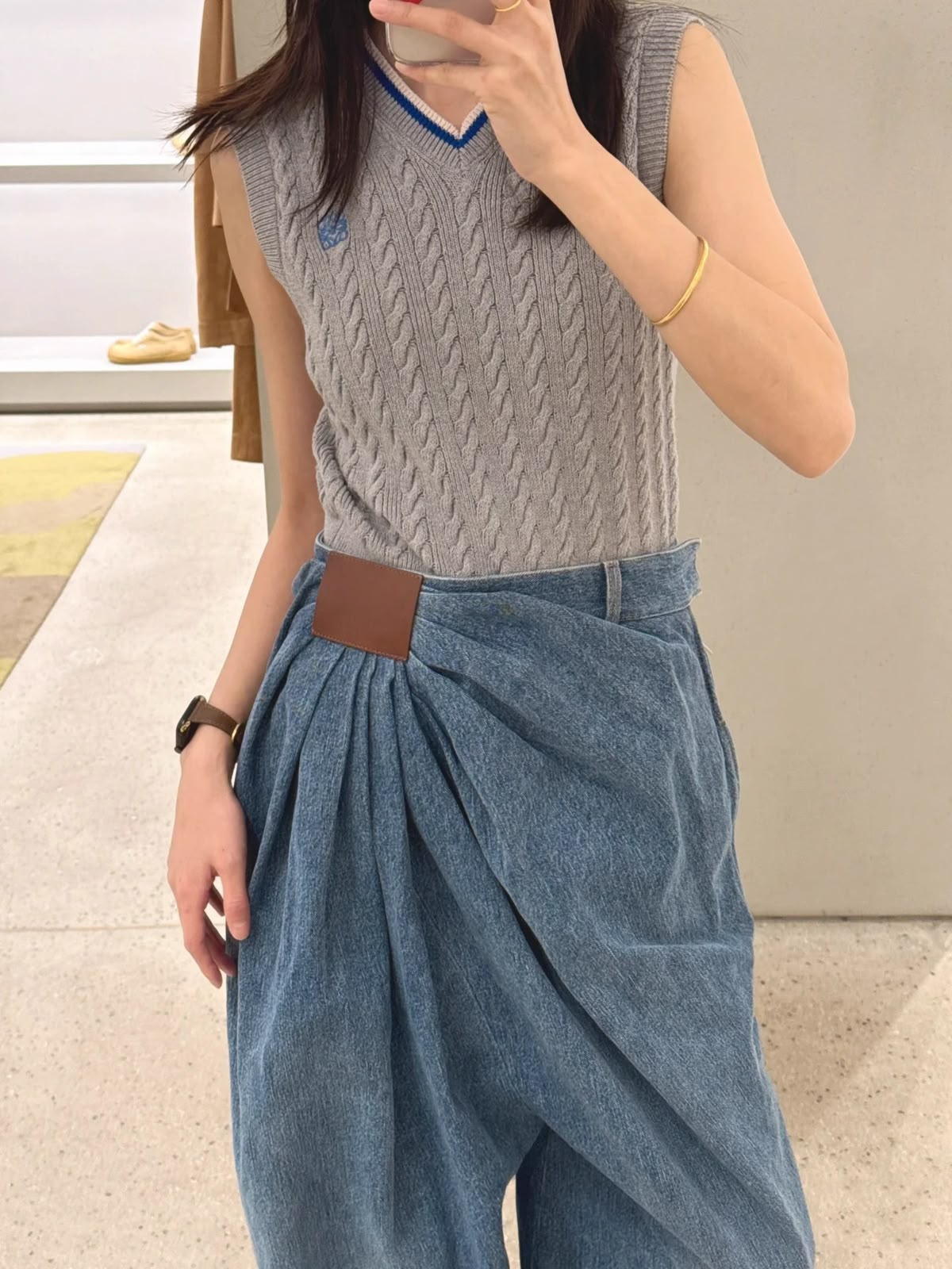 Blue Draped Denim Wide Leg Pants with Leather Tab | High Waist Pleated Jeans