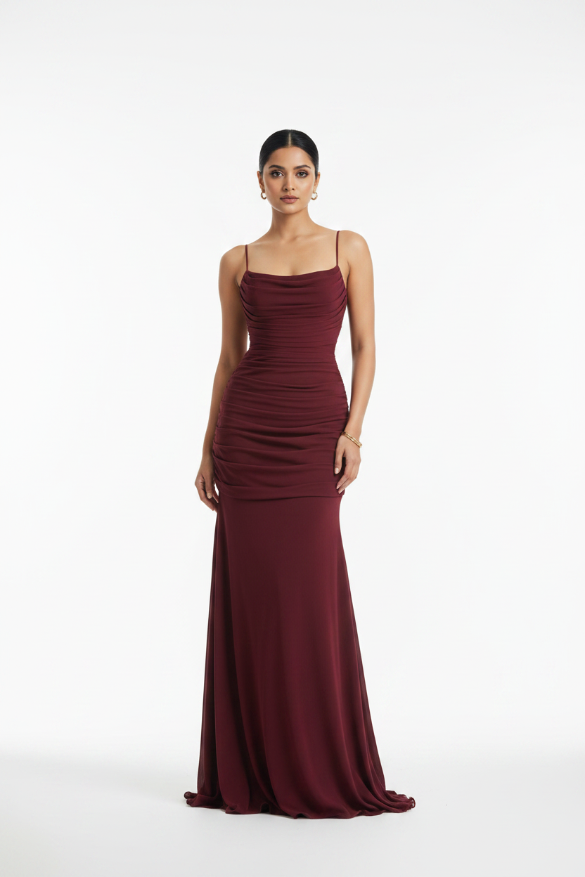 Burgundy Ruched Maxi Gown