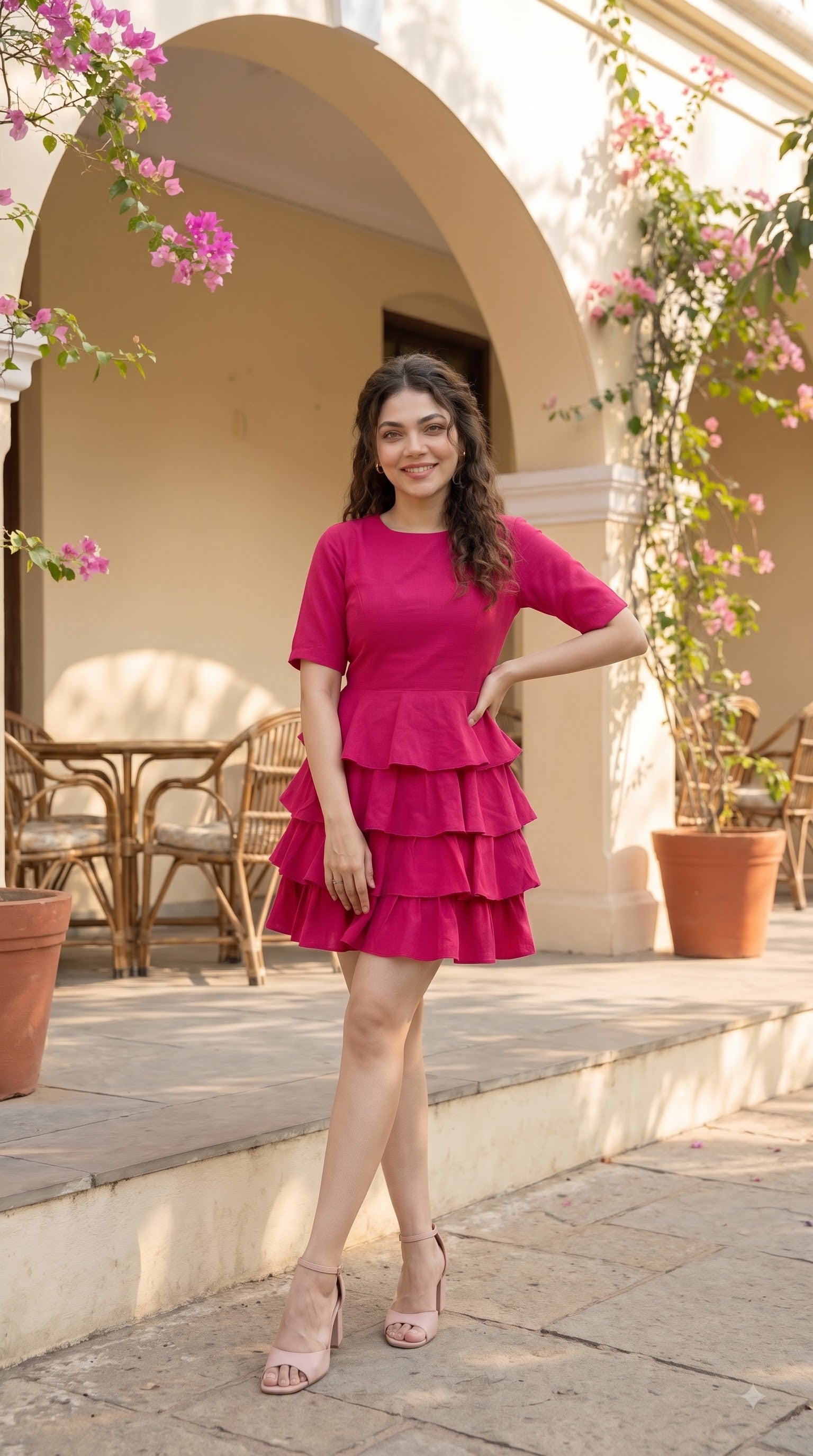 Fuchsia Tiered Ruffle Mini Dress