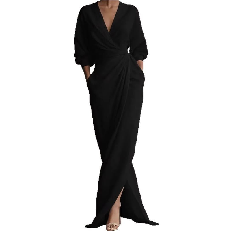 Deep V-Neck Draped Wrap Maxi Dress