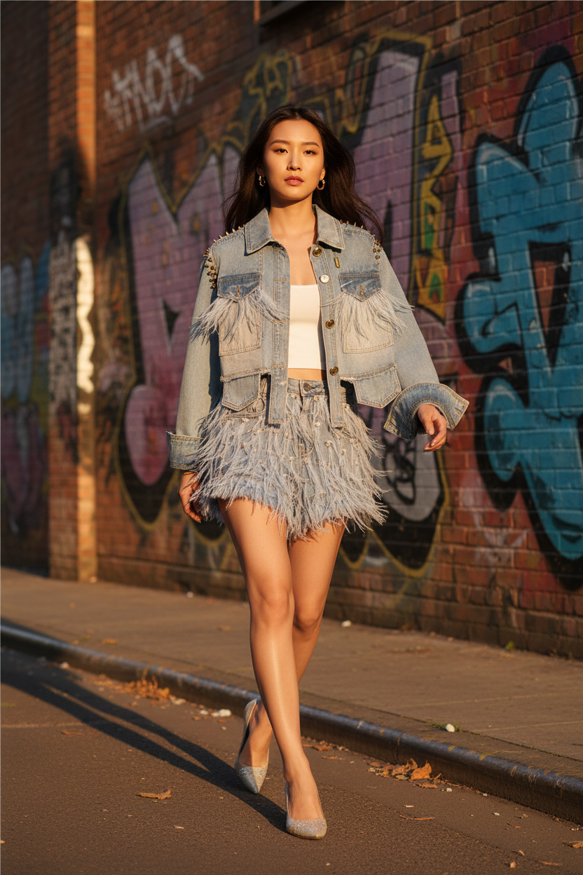 Studded Denim Jacket & Feather Fringe Shorts Co-ord Set