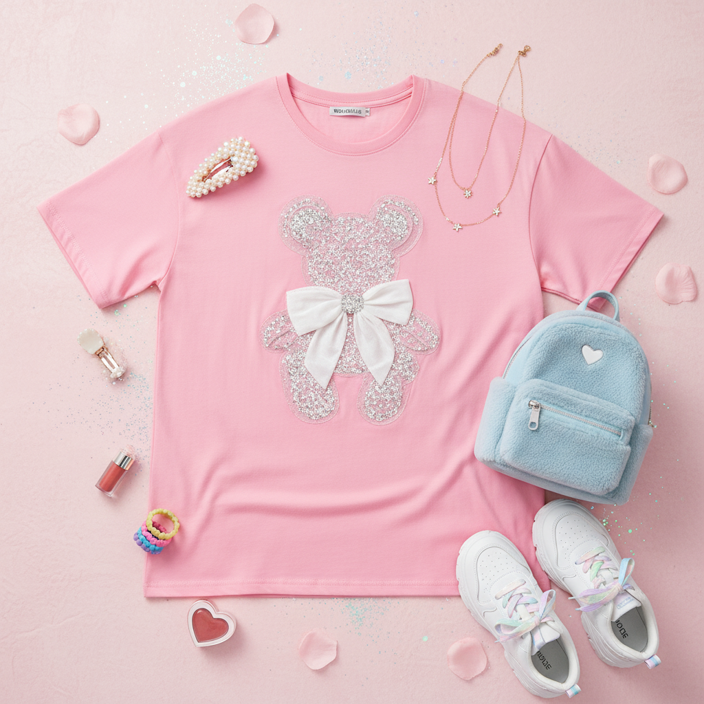3D Rhinestone Bear Sequin Graphic Tee