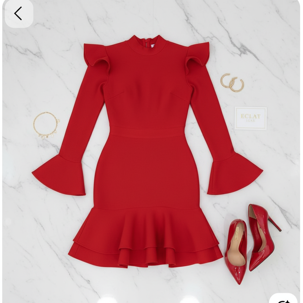 Women’s High Neck Ruffle Shoulder Bandage Dress – Tiered Hem Backless Cocktail Dress
