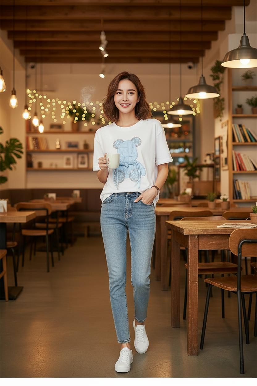 3D RHINESTONE BEAR OVERSIZED COTTON TEE