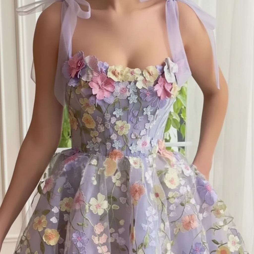 Lavender Floral Embroidered Organza Mini Dress